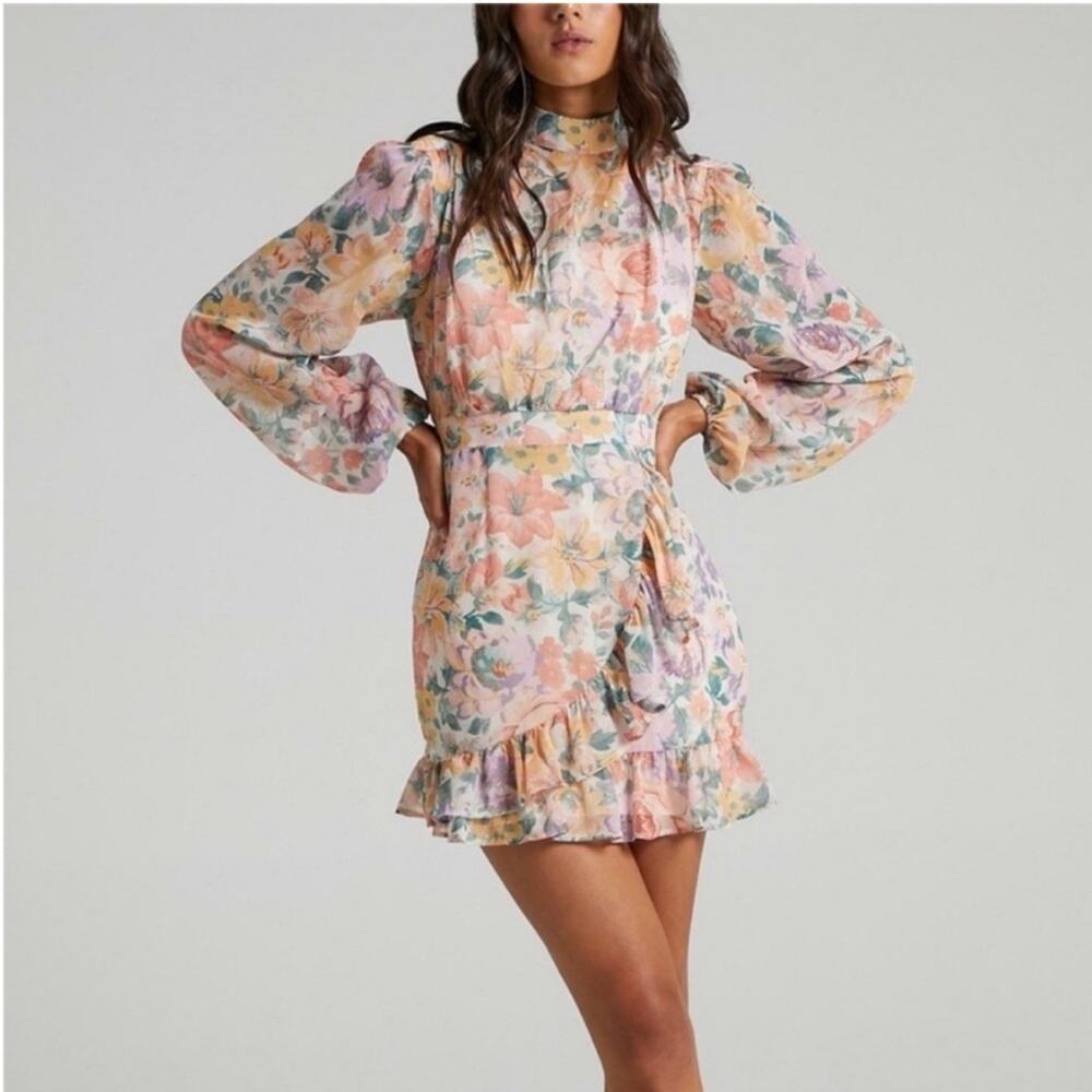 Showpo Tiahna Mini Dress in Floral Crown Long Sleeve High Neck Ruffle 2 XS
